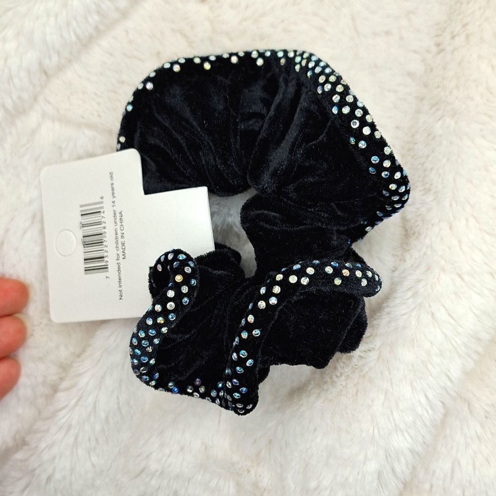 Black crushed velvet mermaid rhinestone trim scrunchie